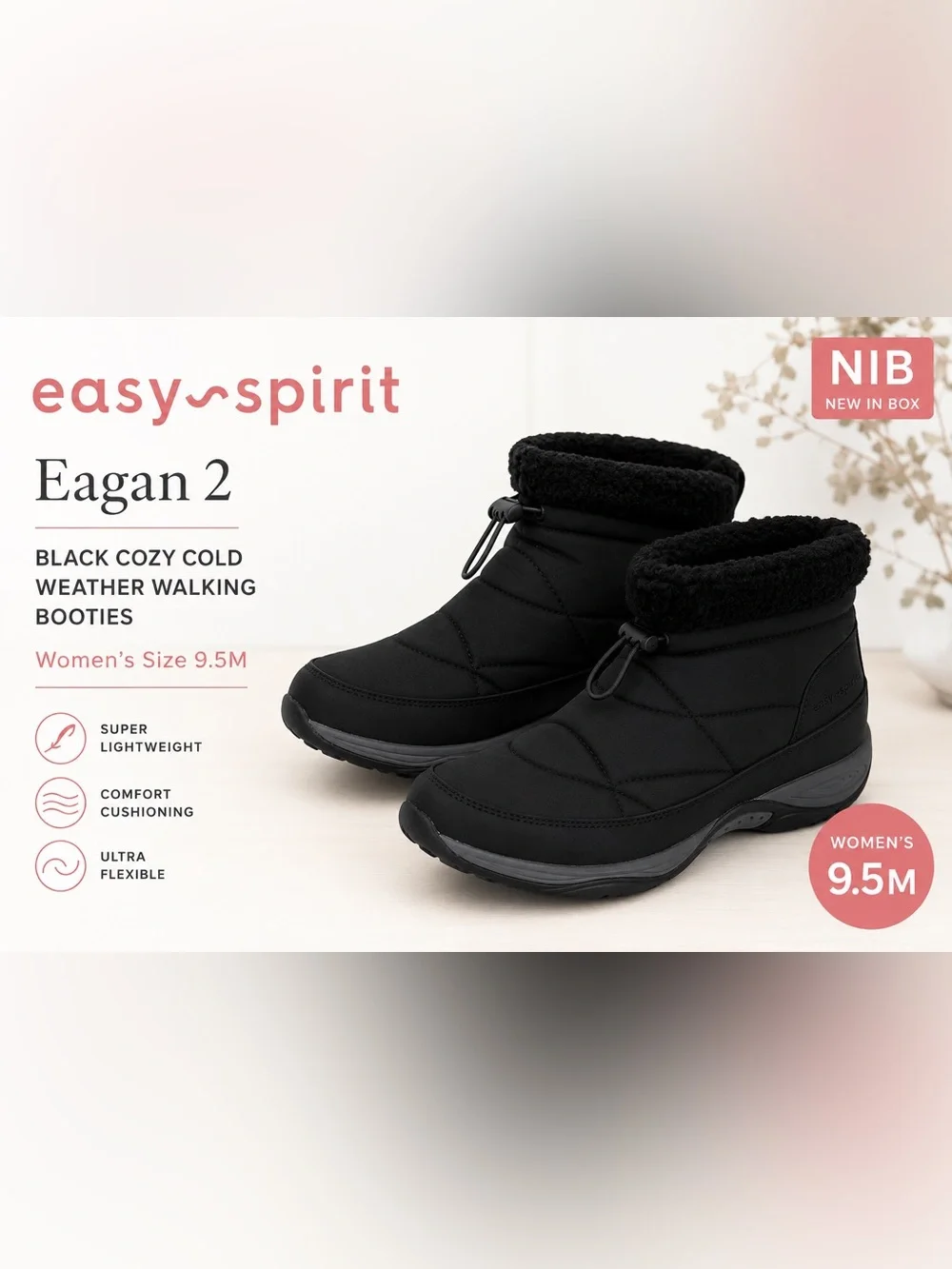 Easy Spirit Eagan2 Black Cozy Cold Weather Walking Booties Women's Size 9.5M NIB